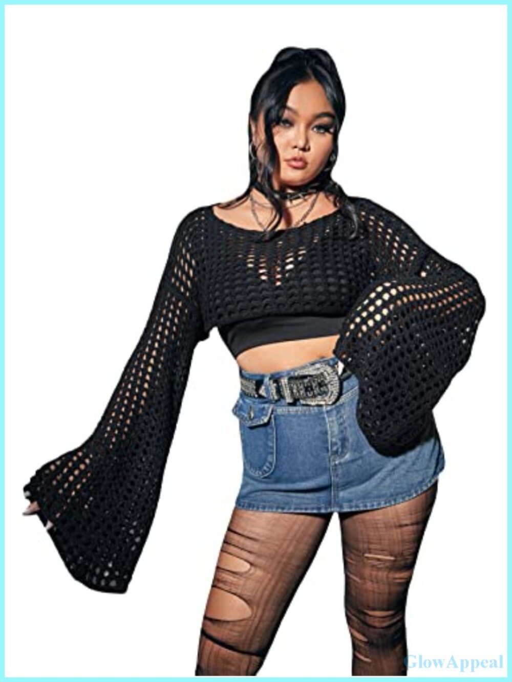 Women's Plus Size Crochet Boat Neck Long Sleeve Cropped Sweater